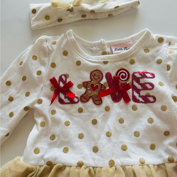 Little Lass Gold Polka Dot and Red Gingerbread Accent Top with Bottoms Size 3T - Picture 4 of 7